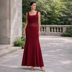 Talbots Red Burgundy Beaded Gown Sleeveless Formal Maxi Evening Dress 12P